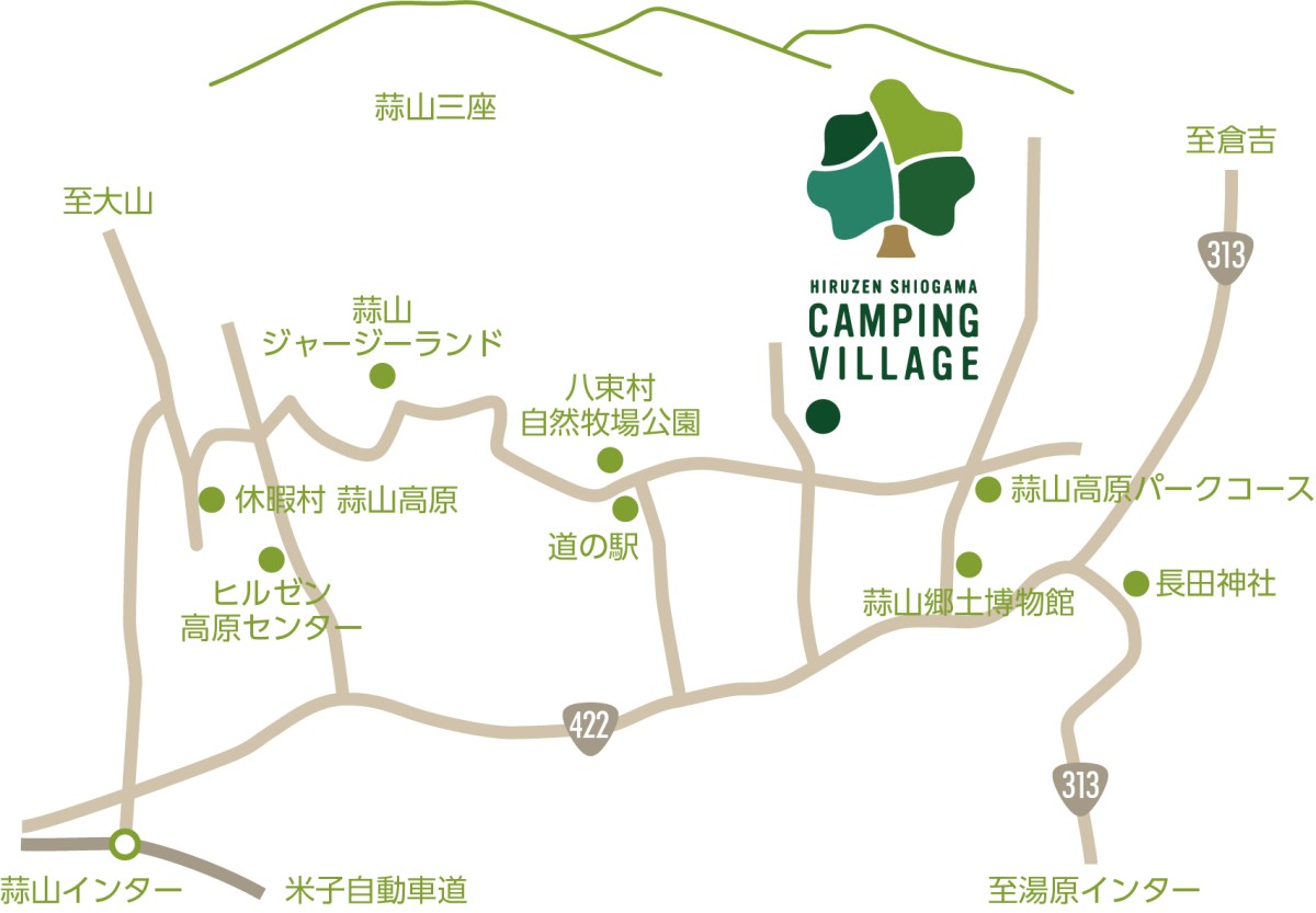 岡山県蒜山高原のアウトドアスポット『ひるぜん塩釜キャンピングヴィレッジ』の周辺地図