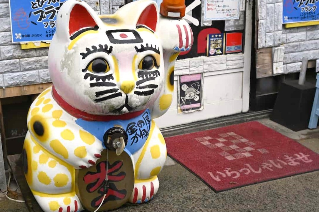 鳥取県琴浦町のかまぼこ屋『金田屋かねちく』店頭にいる招き猫