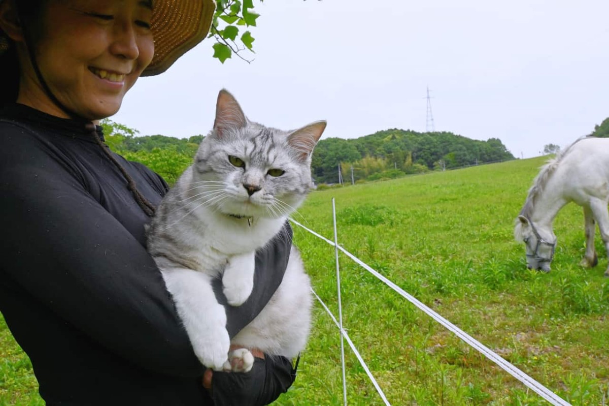 島根県江津市にある『うま牧場レライ』のオーナーと飼いネコ