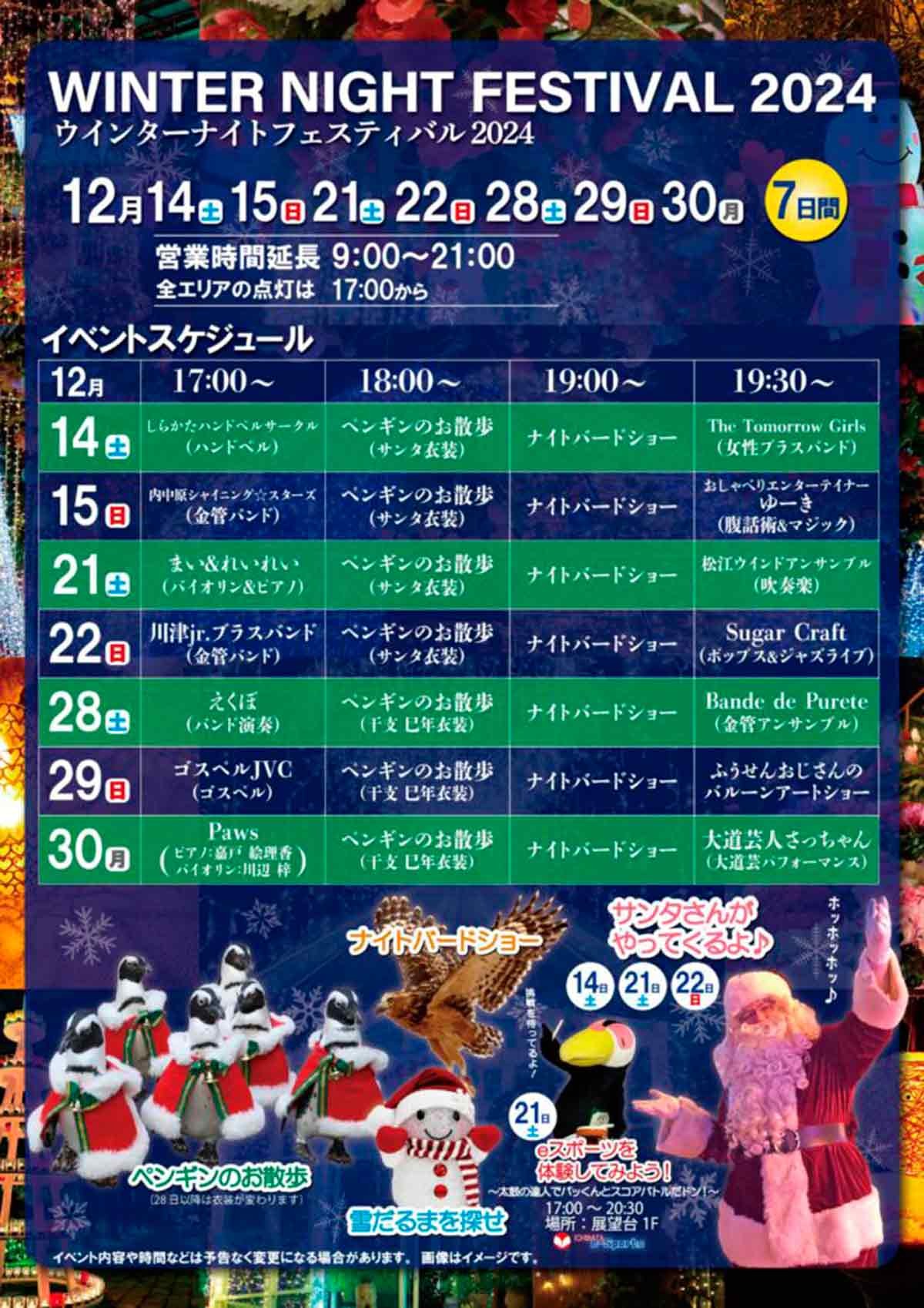 島根県松江市で開催される「松江フォーゲルパーク　ウインターナイトフェスティバル2024」のチラシ