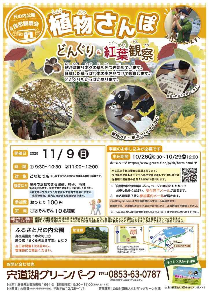 島根県雲南市のイベント「ふるさと尺の内公園自然観察会「植物さんぽ どんぐり&紅葉観察」」のチラシ