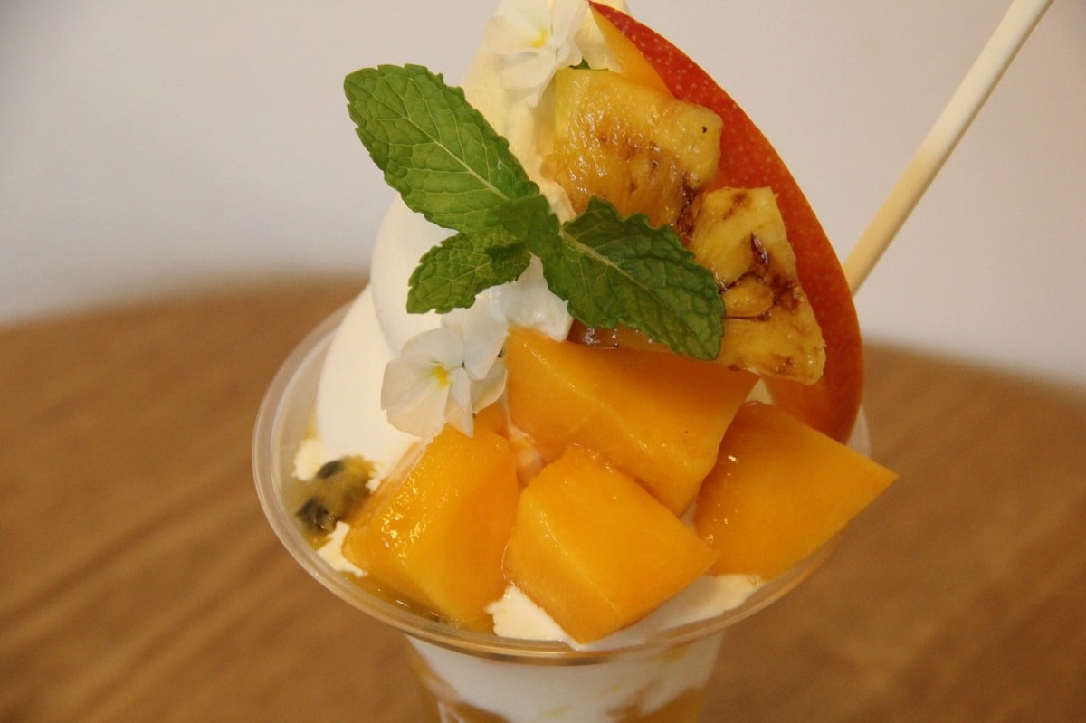 島根県松江市にある『Pa.U SOFT CREAM（パウソフトクリーム）』で販売中の「とろける南国果実の贅沢パフェ」を上から見た様子